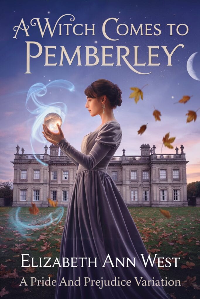 Regency woman holds a glowing orb in front of a Georgian style mansion