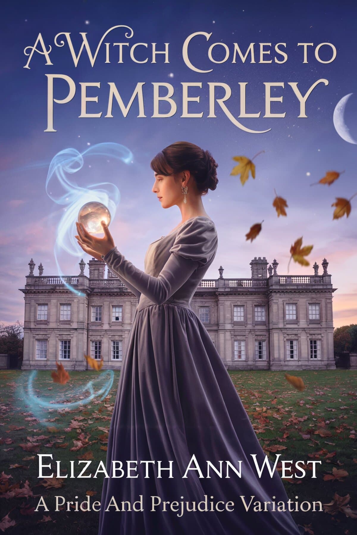 Regency woman holds a glowing orb in front of a Georgian style mansion